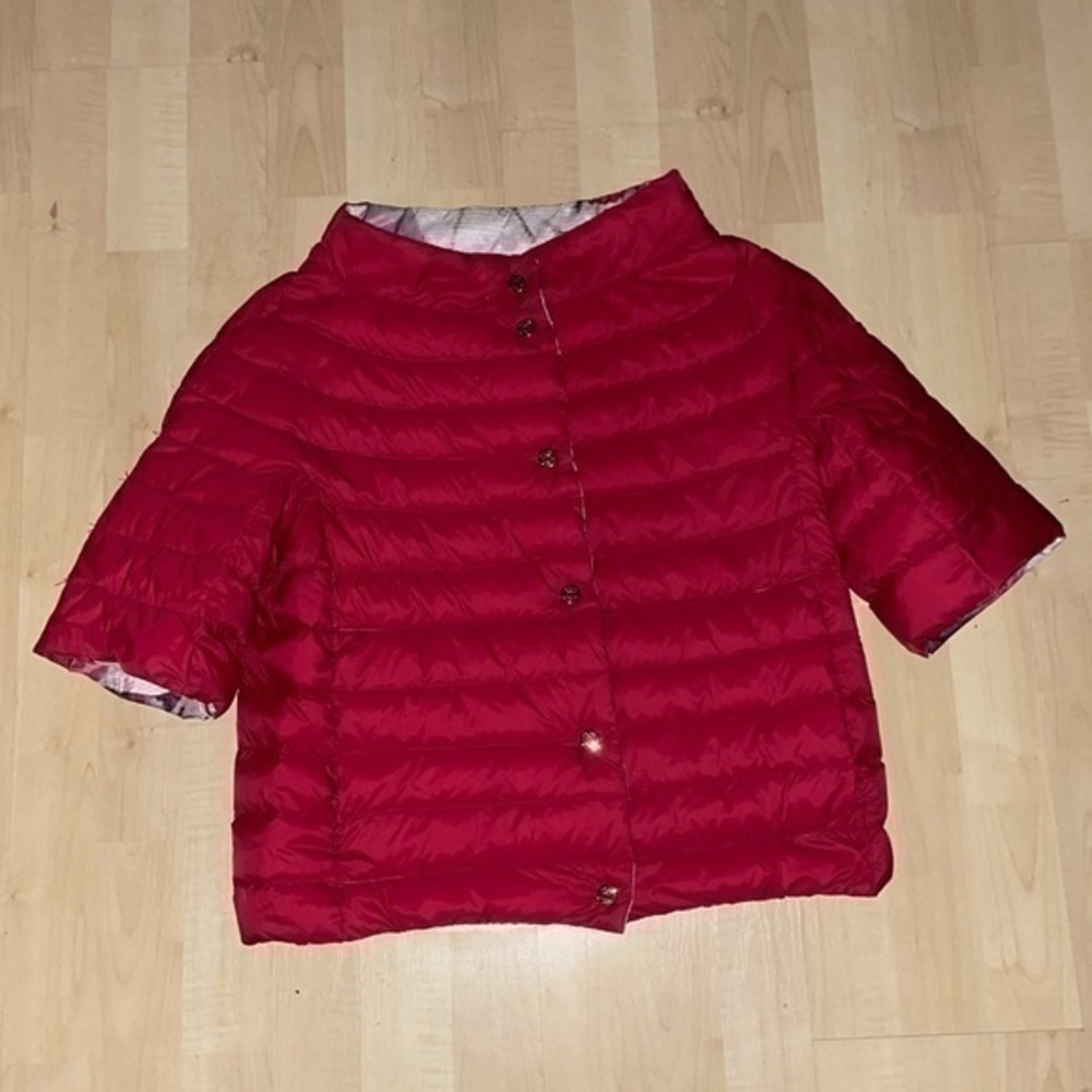 Jijil 3/4 sleeve jacket puffer reversible red poppy design M gently preloved - Picture 9 of 11